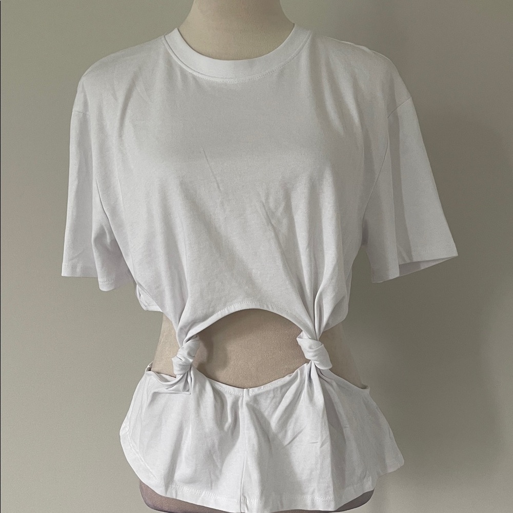 White Knot-Front Cutout Tee - Women
